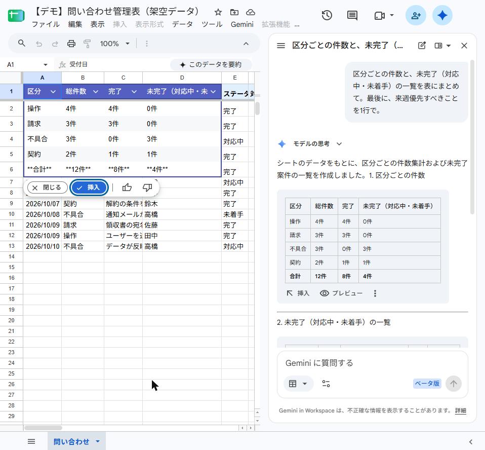 スプレッドシートのGeminiが区分ごとの件数を集計し、挿入プレビューを表示している画面(架空データ)